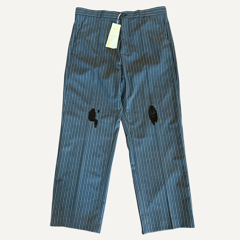 Marni Distressed Wool Striped Trousers Black NWT Sz 52
